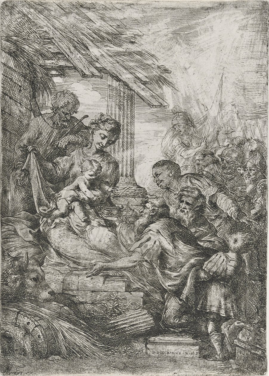Királyimádás (A bölcsek felajánlása), 1657 után (rézkarc papírra) alkotó: Bartolommeo Biscaino