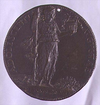 Pálcát tartó női alakot ábrázoló portréérem (bronz) (a hátoldalt lásd: 96845) alkotó: Bartolommeo Melioli