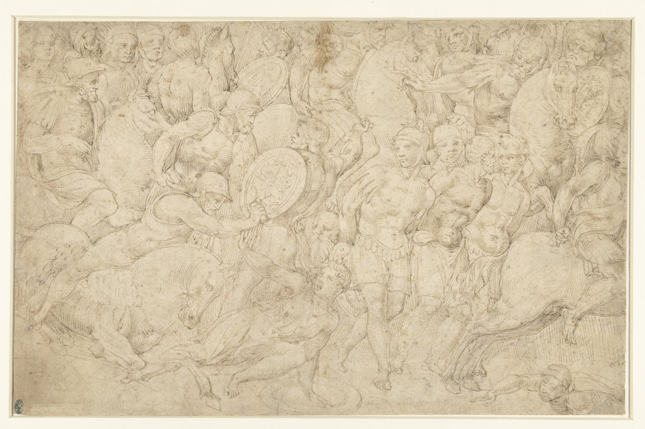 Harc lovasság és gyalogos katonák között és a foglyok elvezetése alkotó: Bartolommeo Neroni (attributed to)