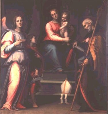 Madonna és gyermeke Szent Ágostonnal, Tóbiással és Rafael arkangyallal alkotó: Bartolommeo Sogliani