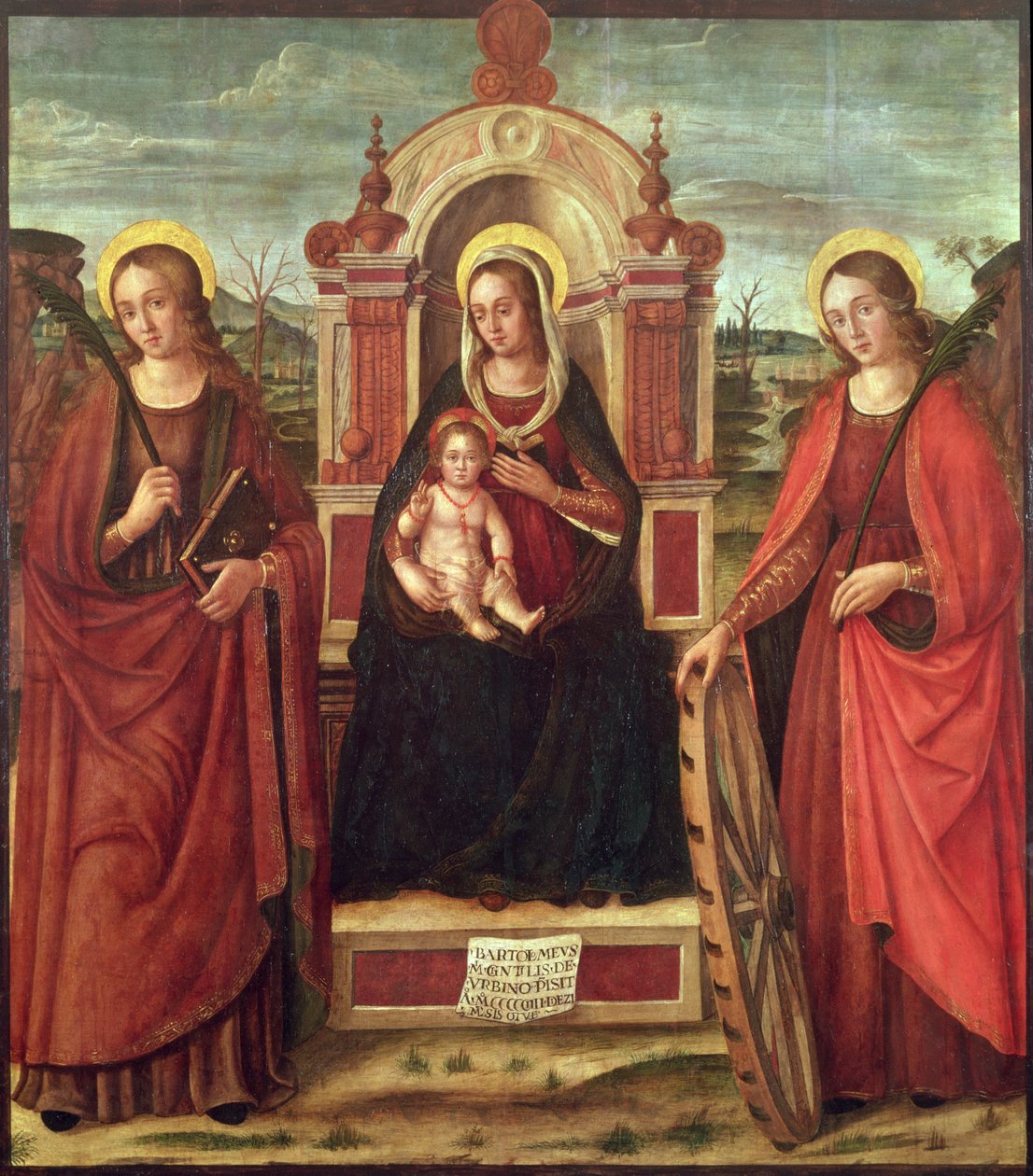 Madonna és gyermek Alexandriai Szent Katalinnal és egy szent vértanúval trónol (panel) alkotó: Bartolommeo de Gentile de Urbino