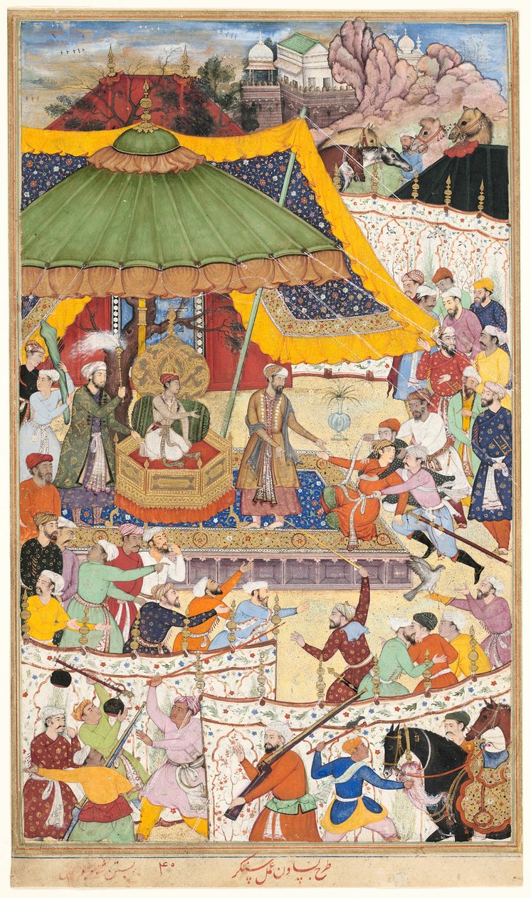 Az ifjú Akbar császár letartóztatja a pimasz Abu’l-Maali sahot, oldal az Akbarnama kéziratából alkotó: Basawan