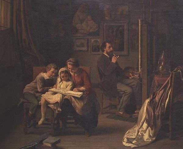 A művész a gyerekeivel a műtermében alkotó: Basile de Loose
