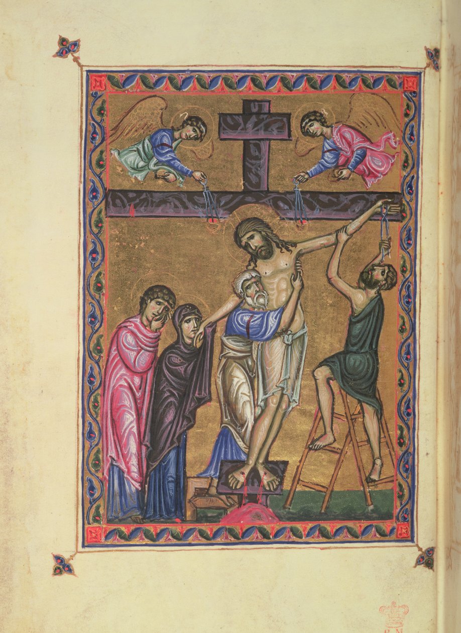 A keresztről való leszállás, fol. 8b, MS Egerton 1139, Melisende királynő zsoltára, Jeruzsálem alkotó: Basilius Basilius
