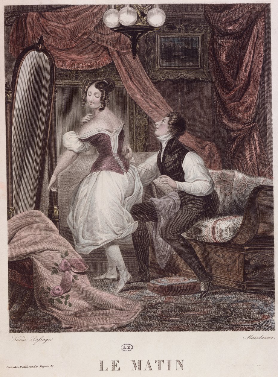 Reggel, Leon Mauduison metszete, a "Le Corset" című könyvből, Mirel kiadó, 1824-30 körül. alkotó: Bassaget Numa