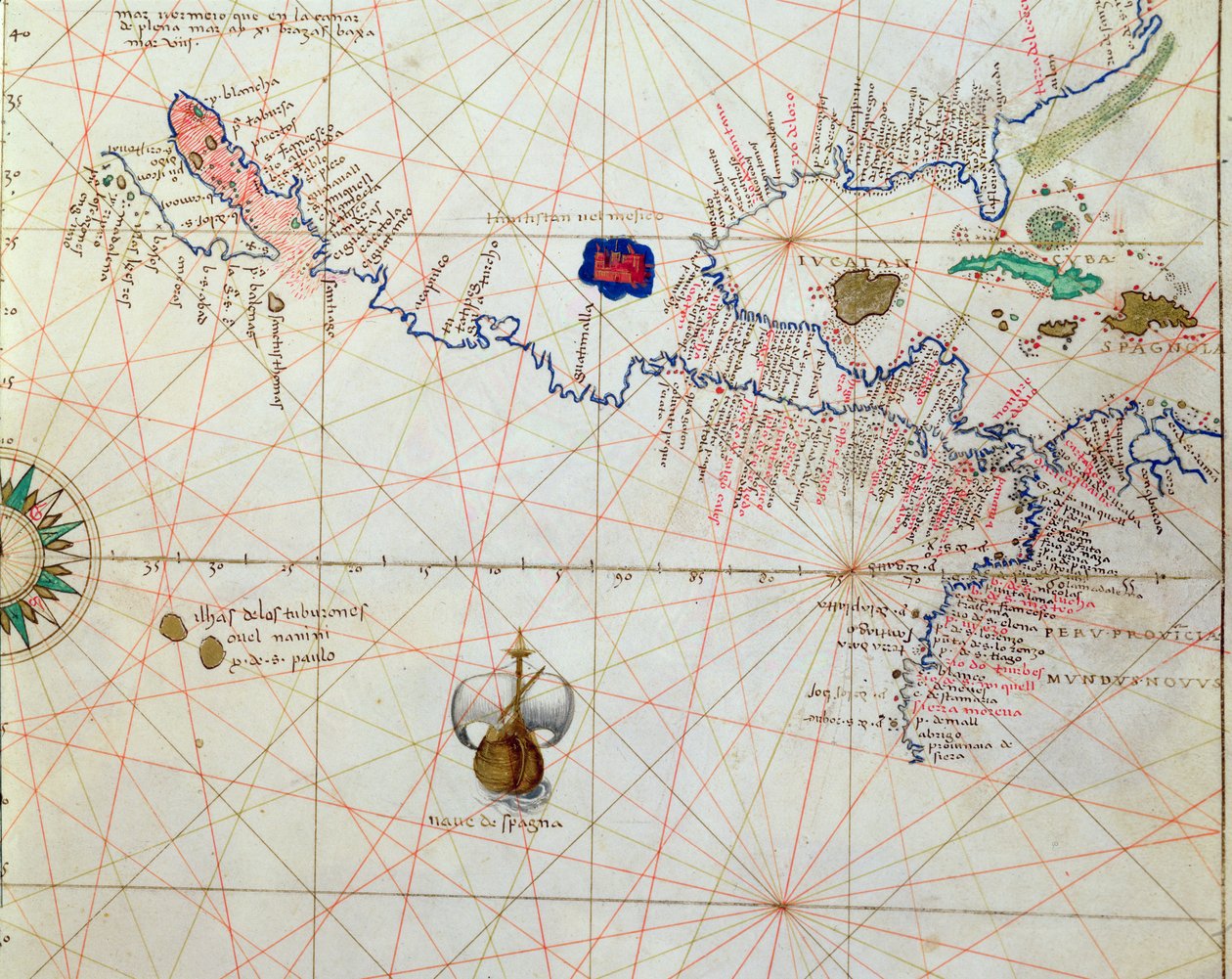 Közép-Amerika, a 33 térképből álló világatlaszból, Velence, 1553. szeptember 1. (tinta, pergamen) (részlet a 330960-ból) alkotó: Battista Agnese