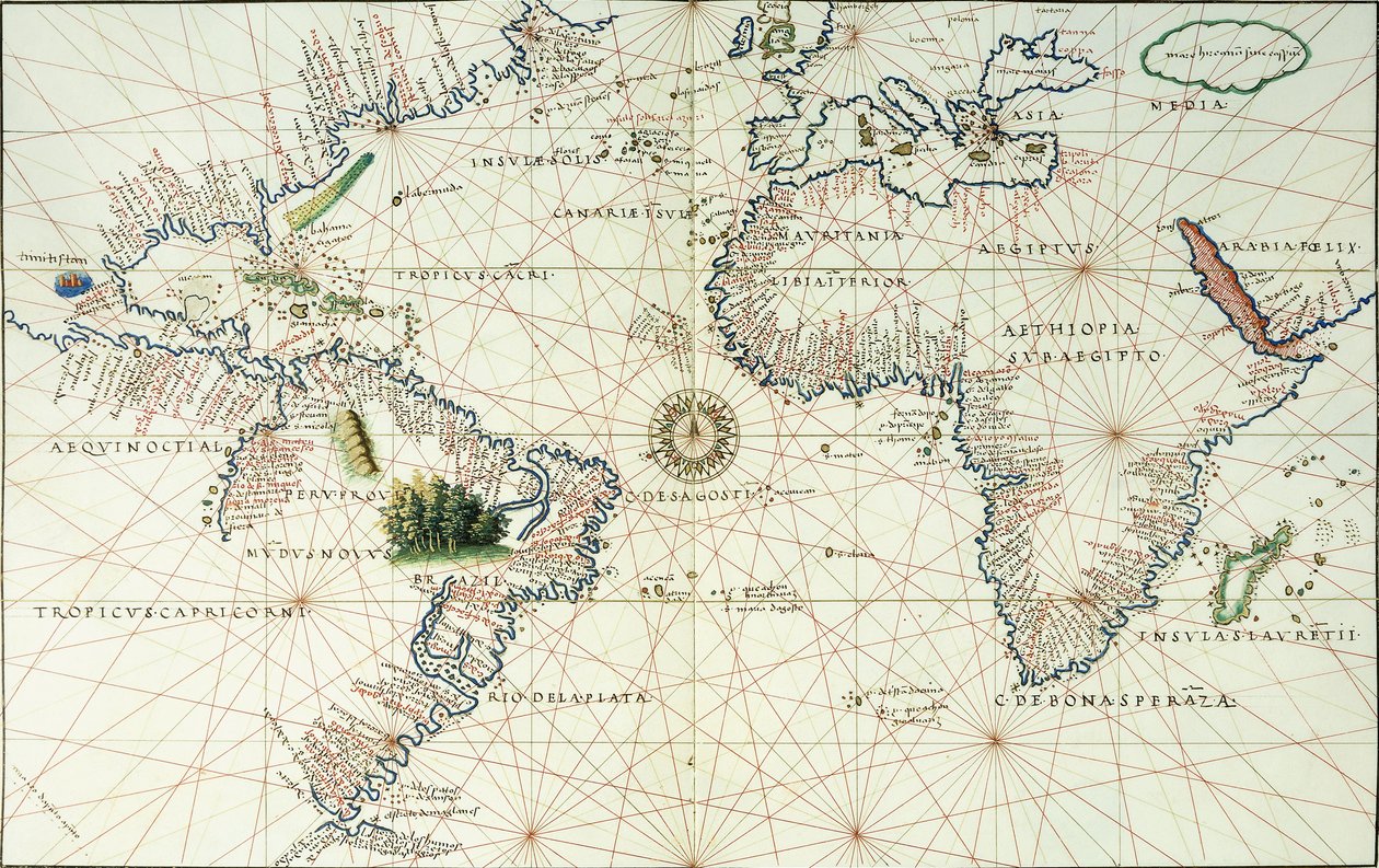 Az Atlanti-óceán kétoldalas térképe, amely Észak- és Dél-Amerika keleti partját mutatja, 1544 alkotó: Battista Agnese