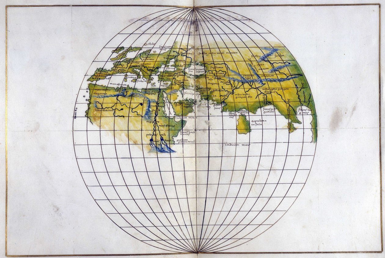 Eger. 2854. f.14v-15 A régi világ félgömbös térképe Európától és Afrikától Indiáig; Ptolemaiosz hadosztályait mutatja, 1540 körül (vellum) alkotó: Battista Agnese