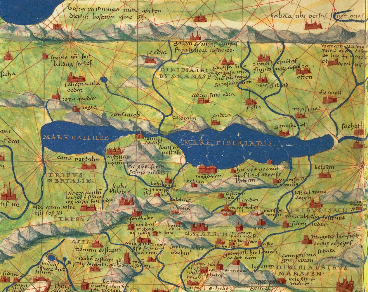 Szentföld, Izrael és Palesztina: Galileai-tenger és Tiberias városa, a világ atlaszából harminchárom térképen, szerző: Battista Agnese alkotó: Battista Agnese