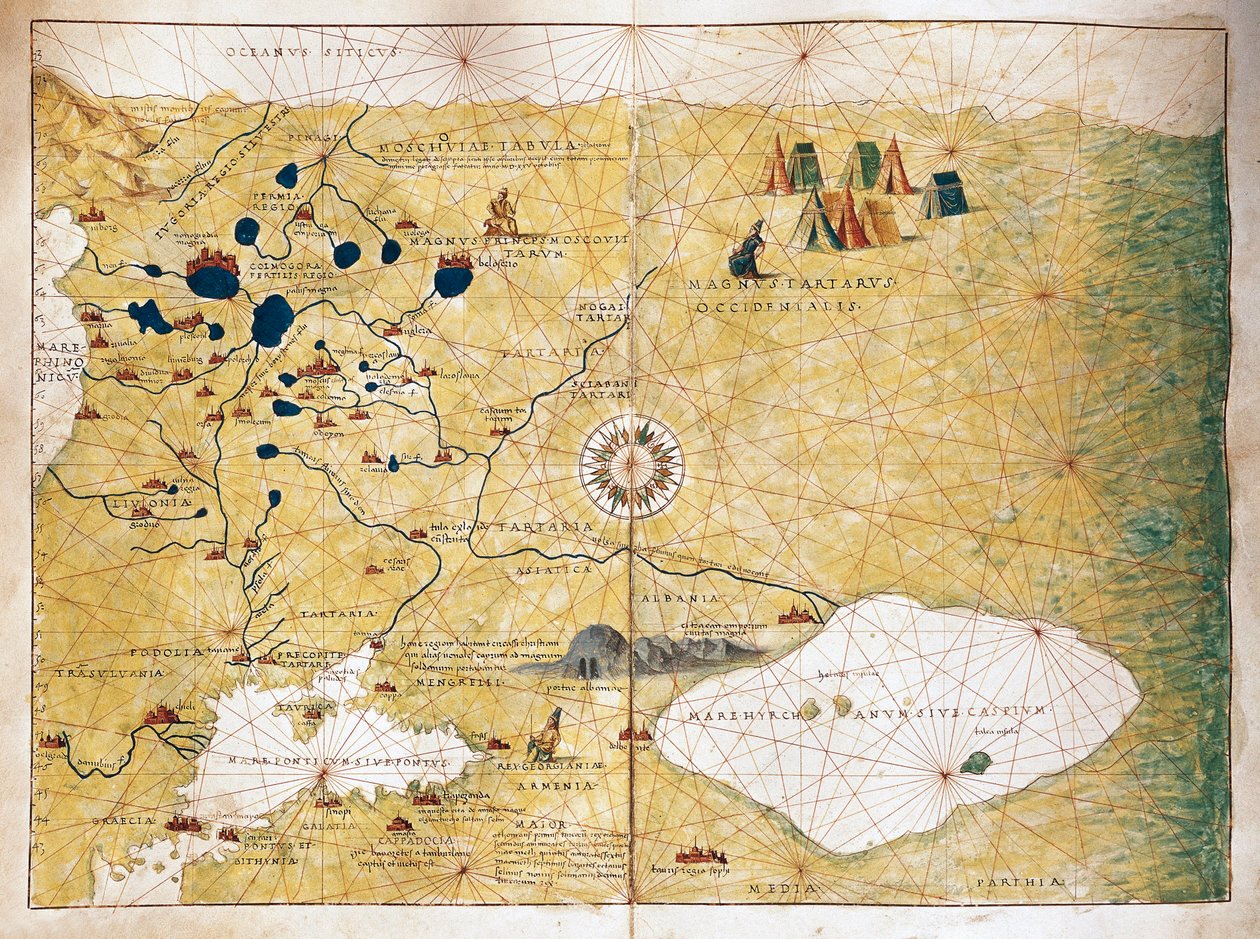 Moschoviae Tabula, Oroszország és a Volga menti európai városok térképe alkotó: Battista Agnese