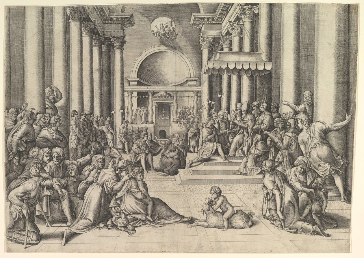 Konstantin bemutatja Róma városát a Szentszéknek, jobbra, sok néző..., kb. 1530-61. alkotó: Battista Franco Veneziano