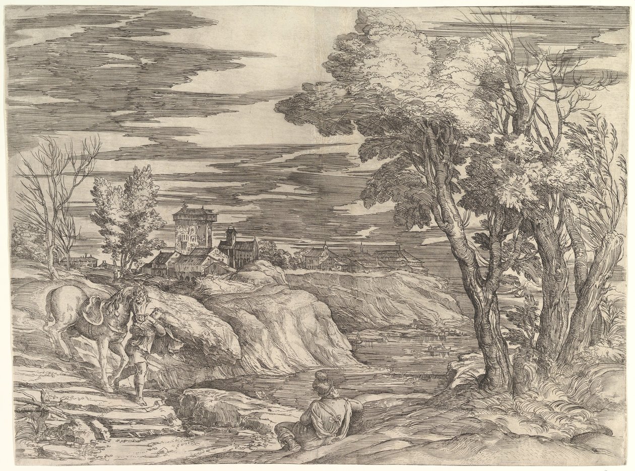 Táj egy lovassal és a vőlegényével, kb. 1552-61. alkotó: Battista Franco Veneziano