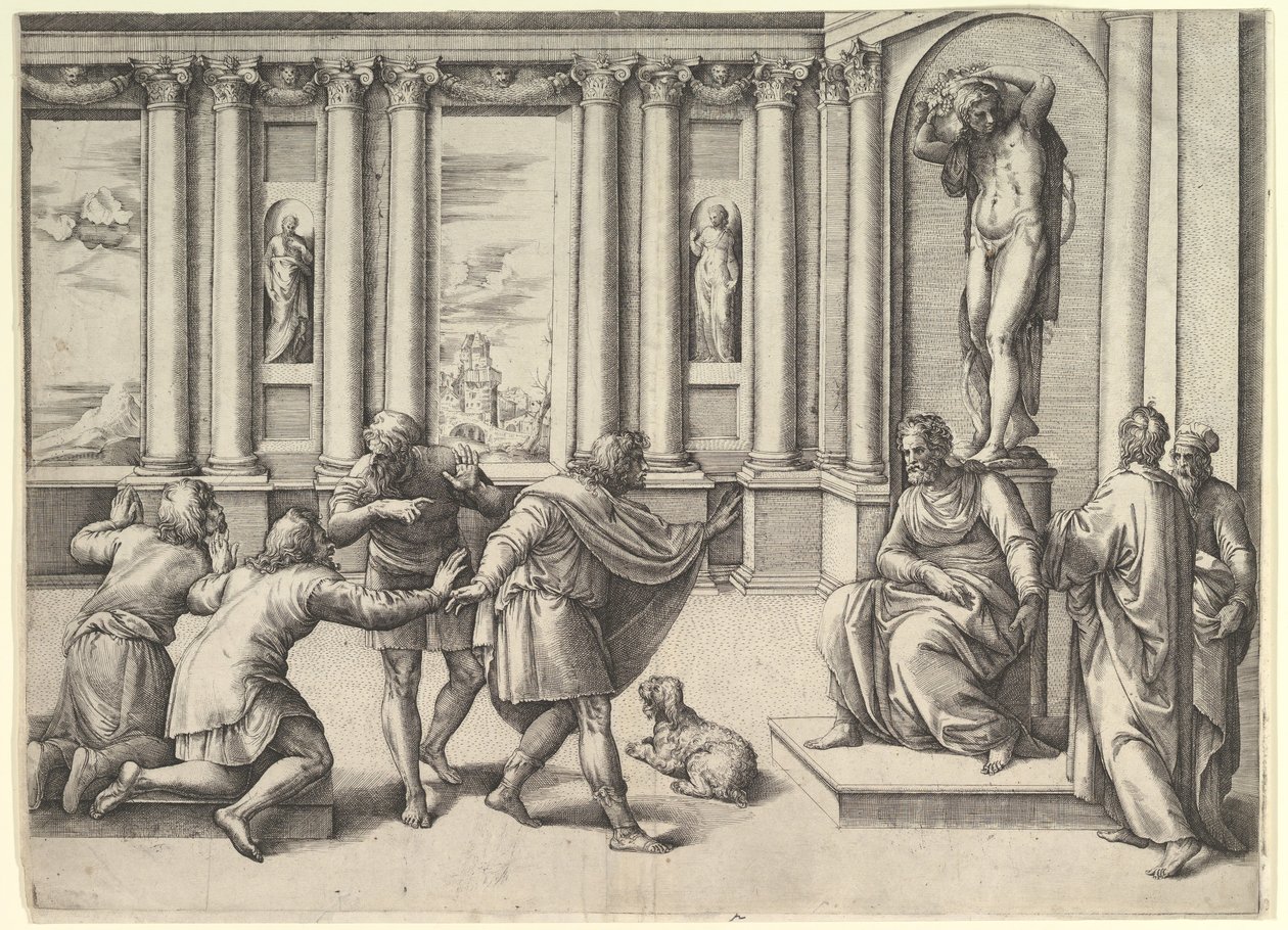 Bacchus-szobor alatt ülő férfi, közönséget fogadva, kb. 1530-61. alkotó: Battista Franco Veneziano