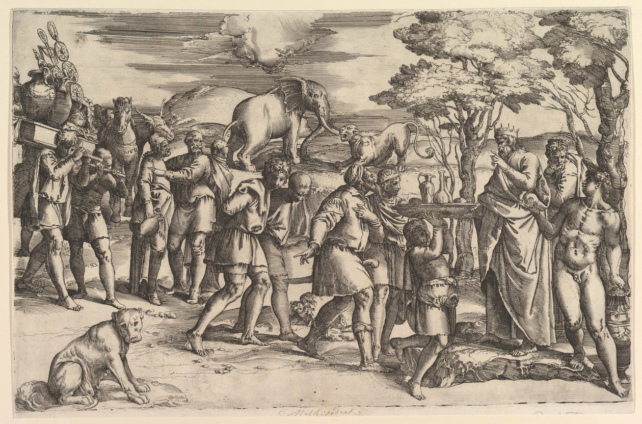 Melkisédek kenyeret és bort kínál Ábrahámnak, kb. 1547. alkotó: Battista Franco Veneziano