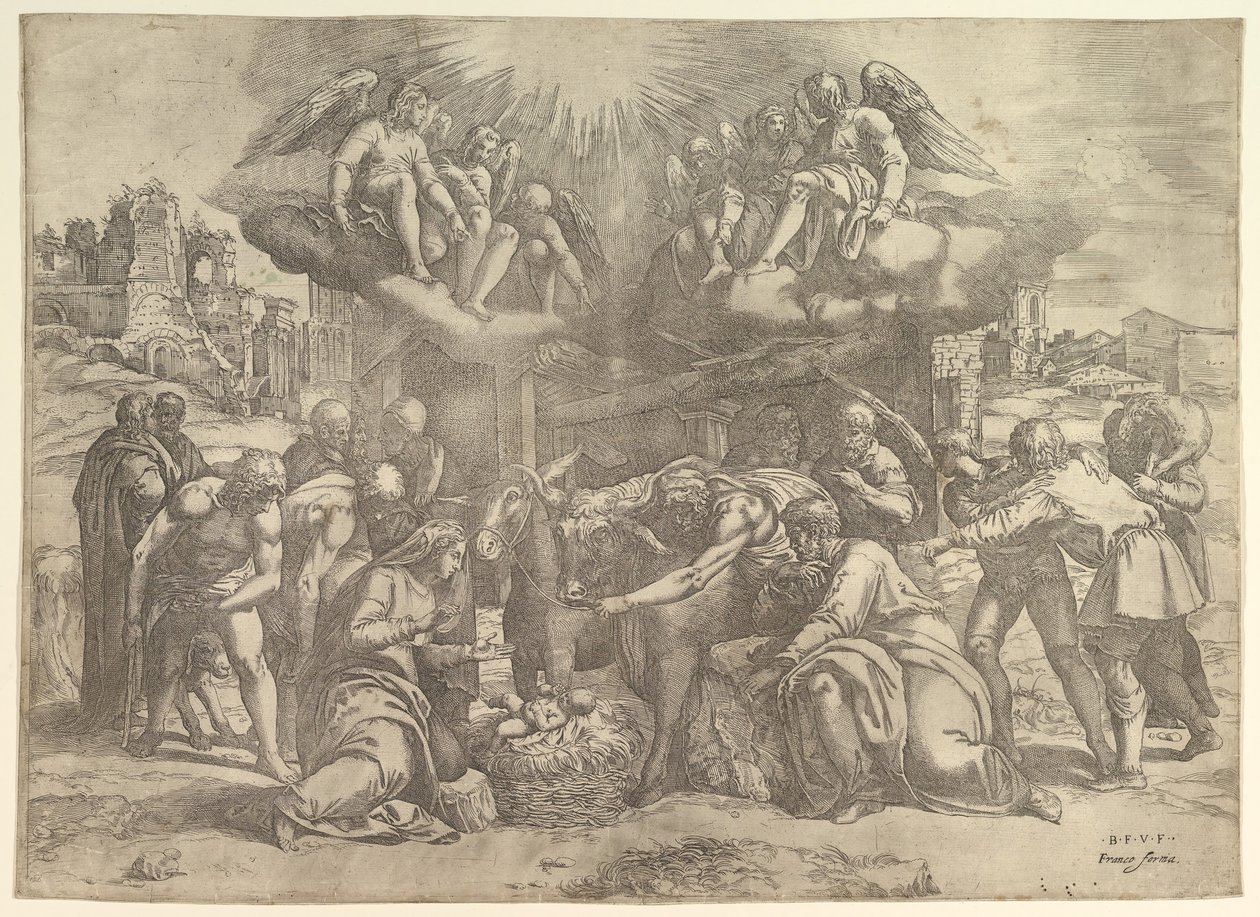 A Pásztorok imádása angyalokkal a feje fölött, kb. 1530-61. alkotó: Battista Franco Veneziano