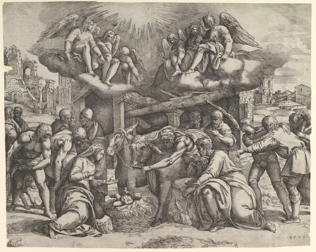 A Pásztorok imádása angyalokkal a feje fölött, kb. 1530-61. alkotó: Battista Franco Veneziano