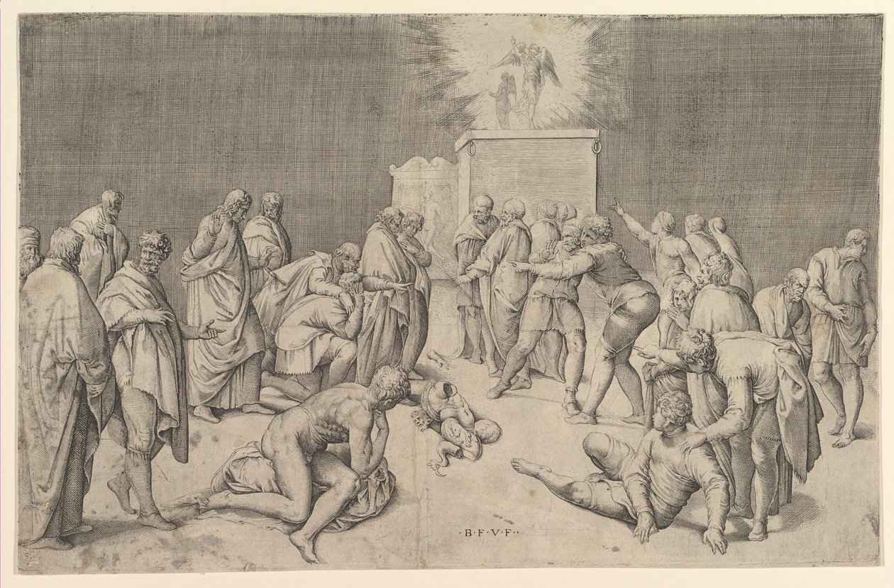 A filiszteusok elhelyezik a frigyládát Dagon templomában, kb. 1540. alkotó: Battista Franco Veneziano