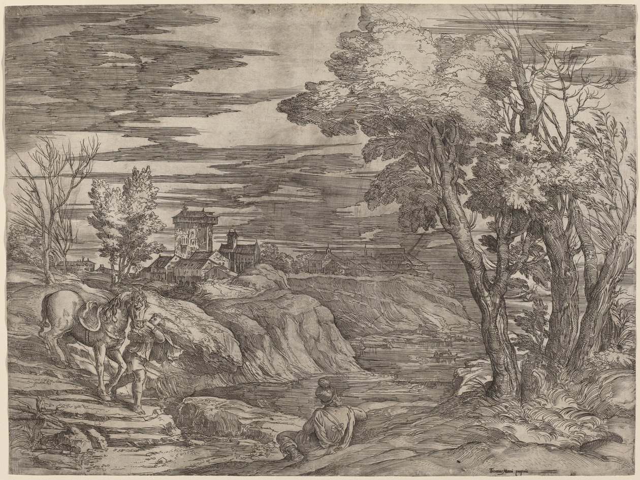 Táj egy lovat vezető férfival alkotó: Battista Franco after Titian