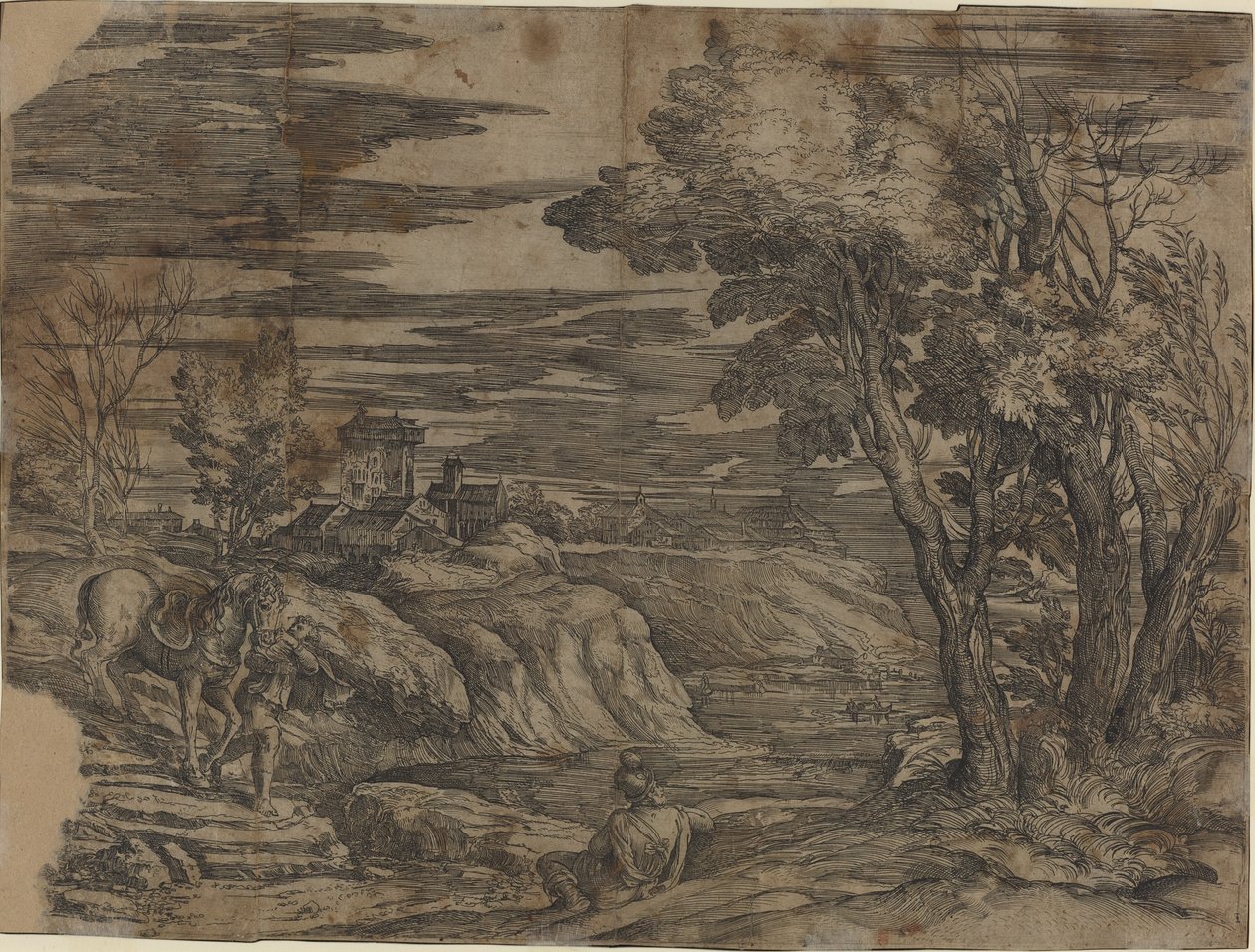 Táj egy lovat vezető férfival alkotó: Battista Franco, after Titian