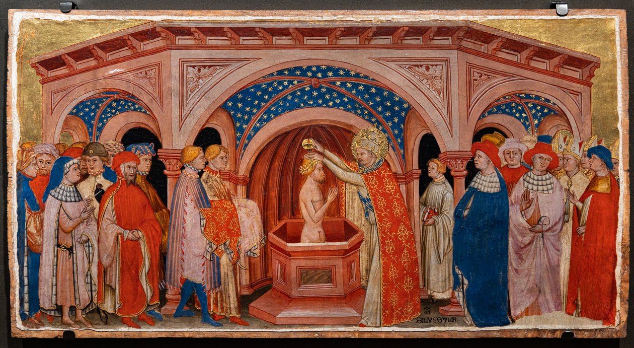 Szent Szilveszter pápa megkereszteli Costantine-t Lateranóban (tempera a táblán) alkotó: Battista da Vicenza