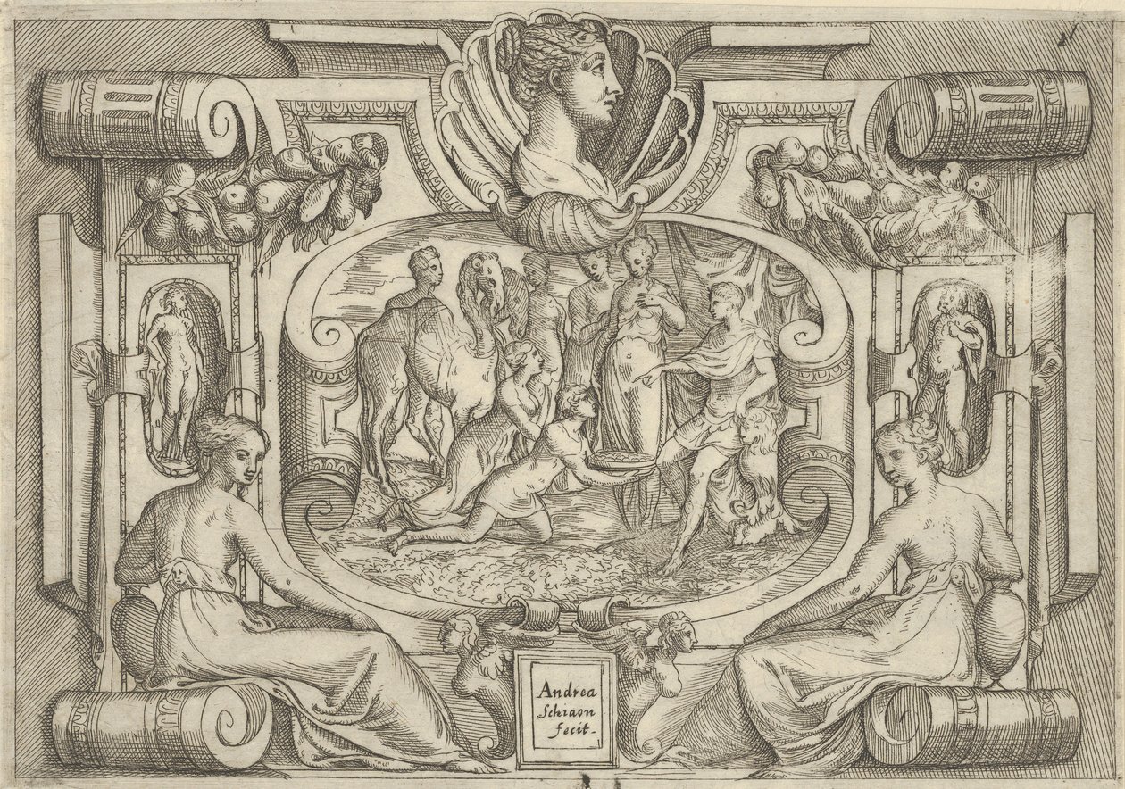 Férfi és nő egy tál érmét kínálnak a trónon ülő királynak, beállítva..., kb. 1540-80. alkotó: Battista del Moro