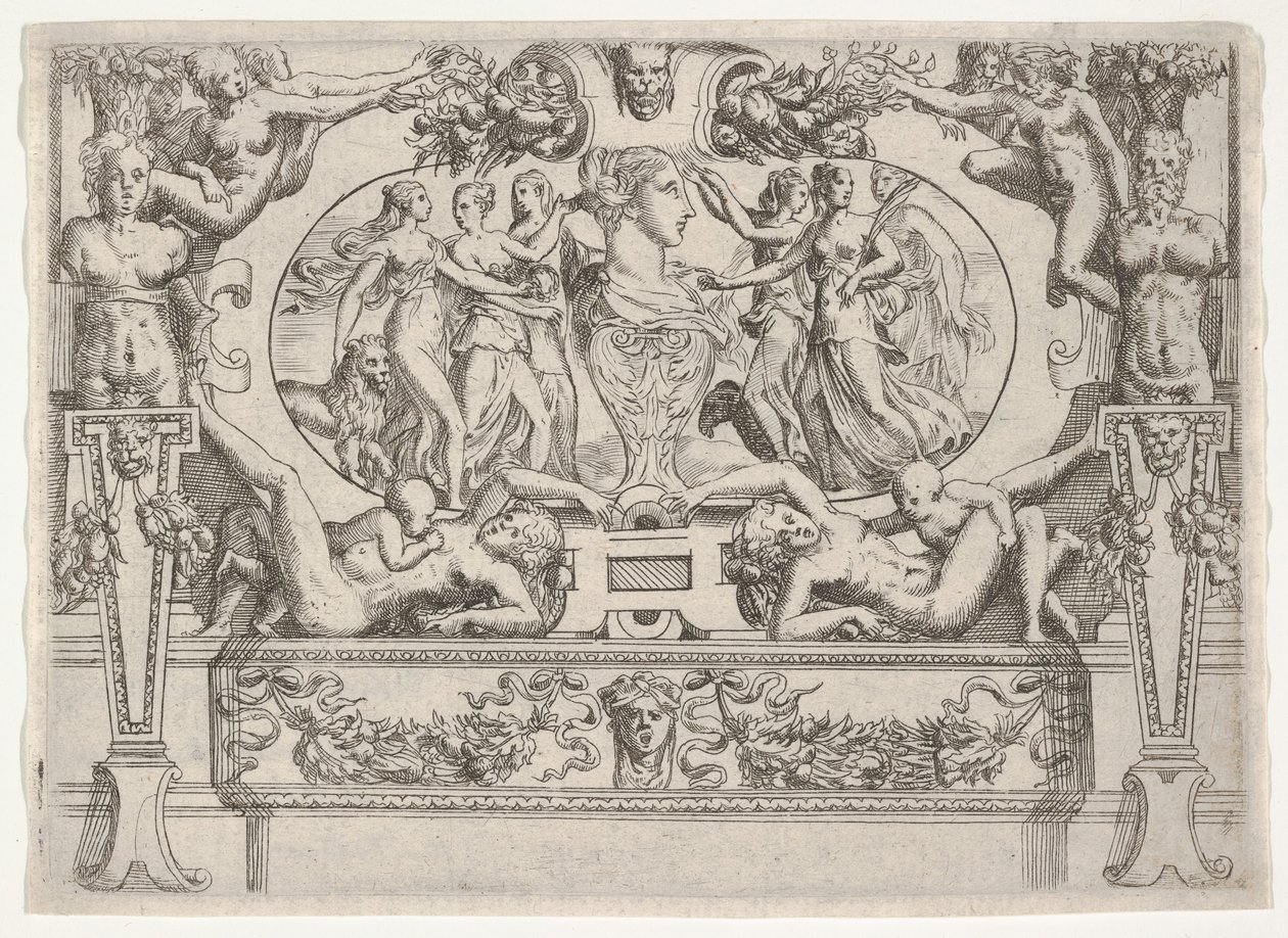 Egy nő mellszobra, két oldalán három nővel, kidolgozott keretben, kb. 1540-80. alkotó: Battista del Moro