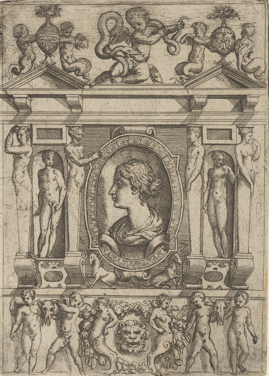 Balra néző női mellszobor, kidolgozott keretben, n... figurákkal, kb. 1540-80. alkotó: Battista del Moro