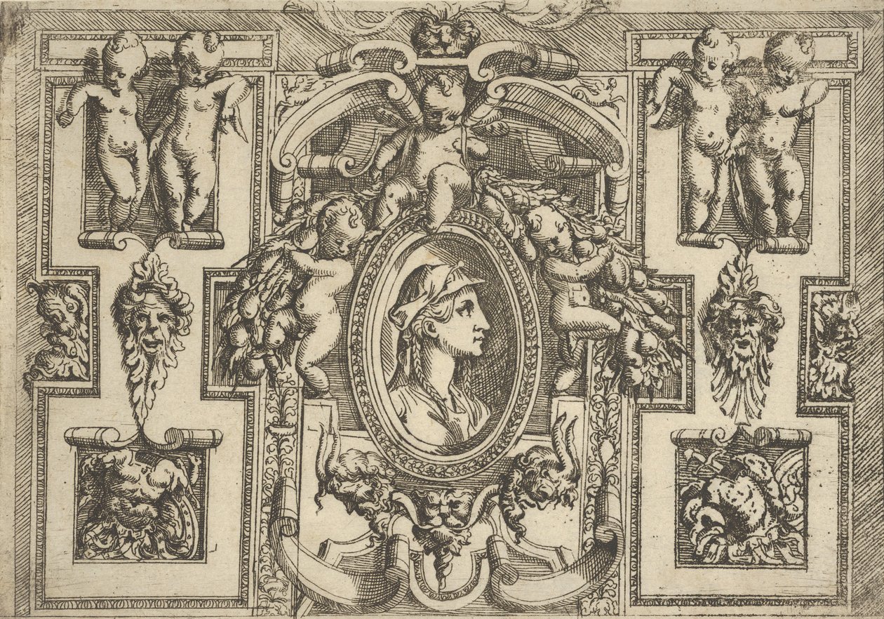 Egy nő mellszobra jobbra nézve, kidolgozott keretben puttóval, ..., kb. 1540-80. alkotó: Battista del Moro