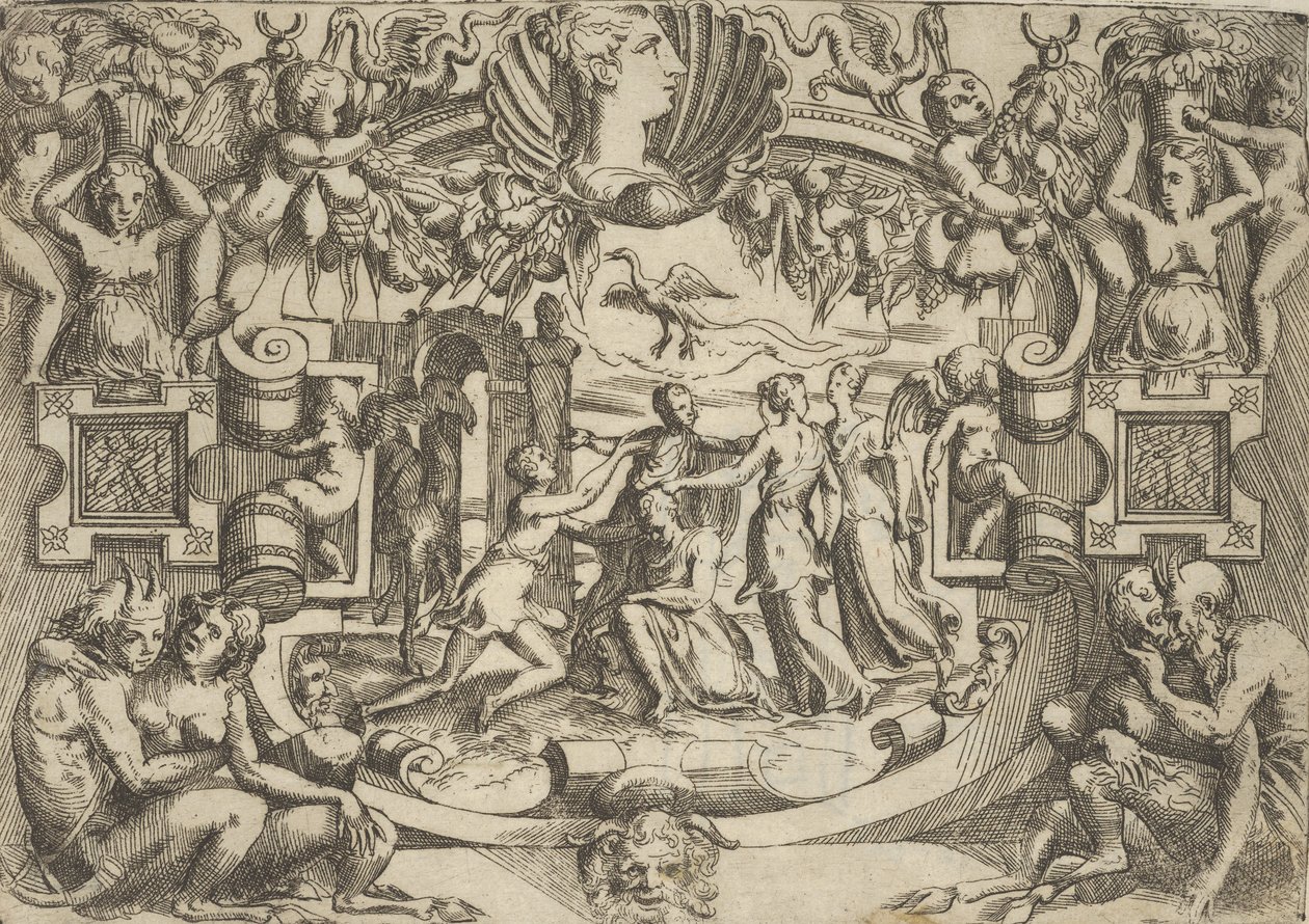 Négy nő körülvesz egy ülő alakot, felettük egy madár, egy kidolgozott ..., kb. 1540-80. alkotó: Battista del Moro
