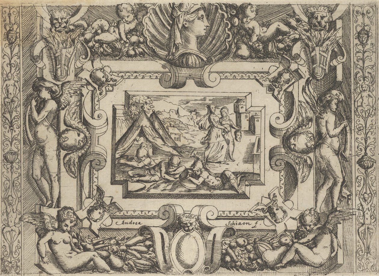 Judit és szolgálólány Holofernész fejével, kidolgozott keretek között, kb. 1540-80. alkotó: Battista del Moro