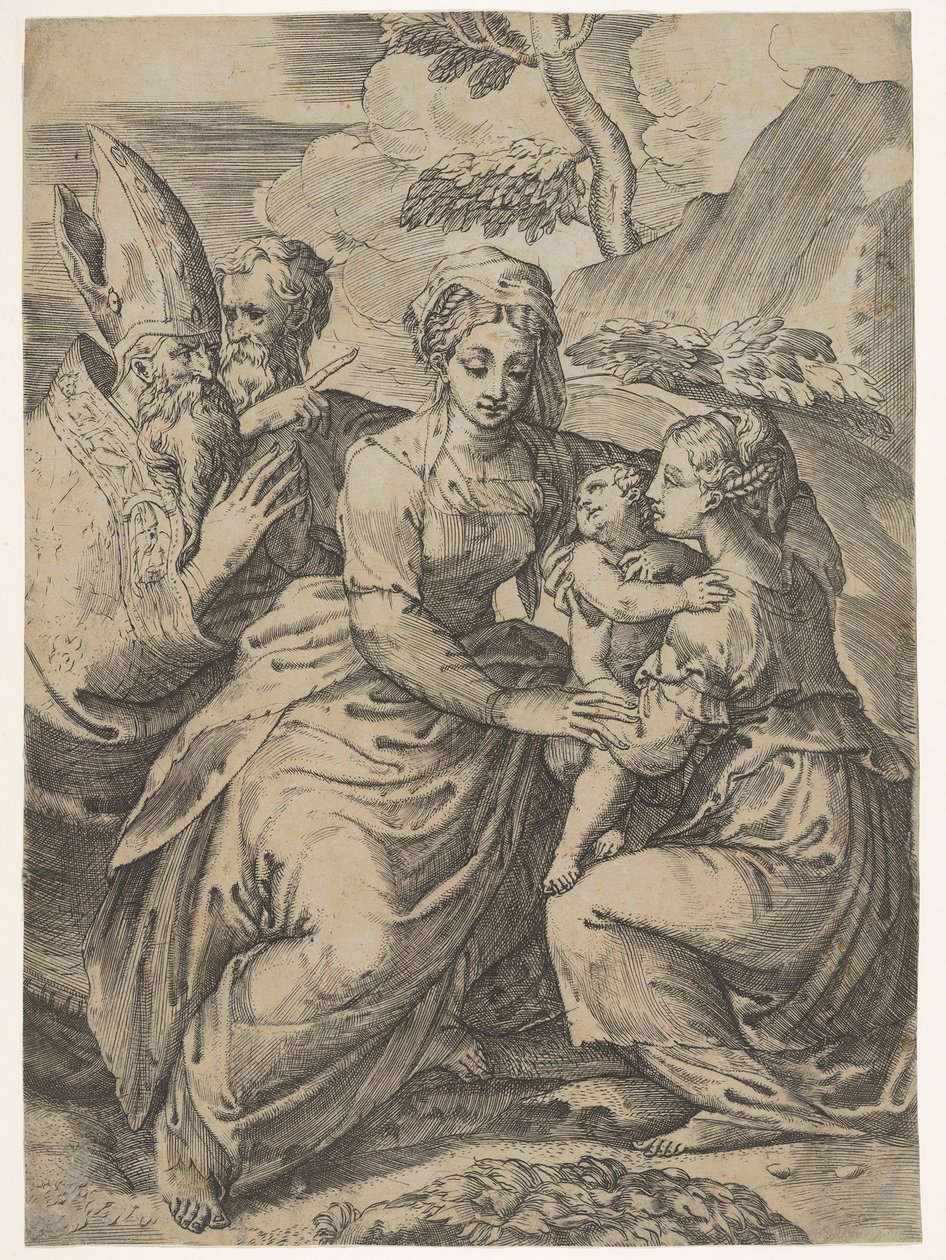 Madonna és gyermeke a szentekkel Parmigianino után. alkotó: Battista del Moro