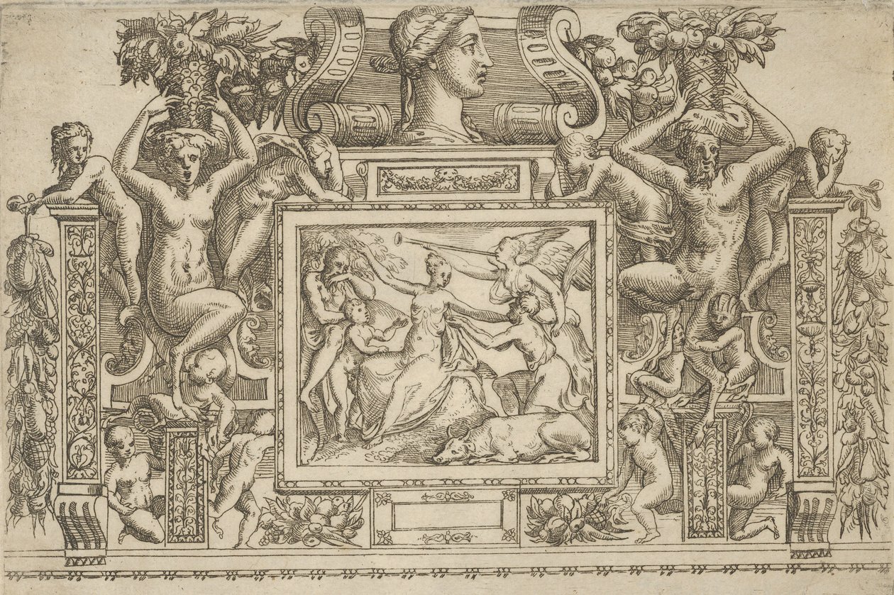 Kinyújtott karral ülő nő, a Hírnév megszemélyesítése trombitával a jobb oldalon,..., kb. 1540-80. alkotó: Battista del Moro