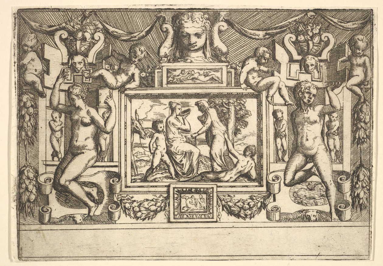 Fiatal nő iszik egy tálból, egy öregasszony áll előtte, belül..., kb. 1540-80. alkotó: Battista del Moro