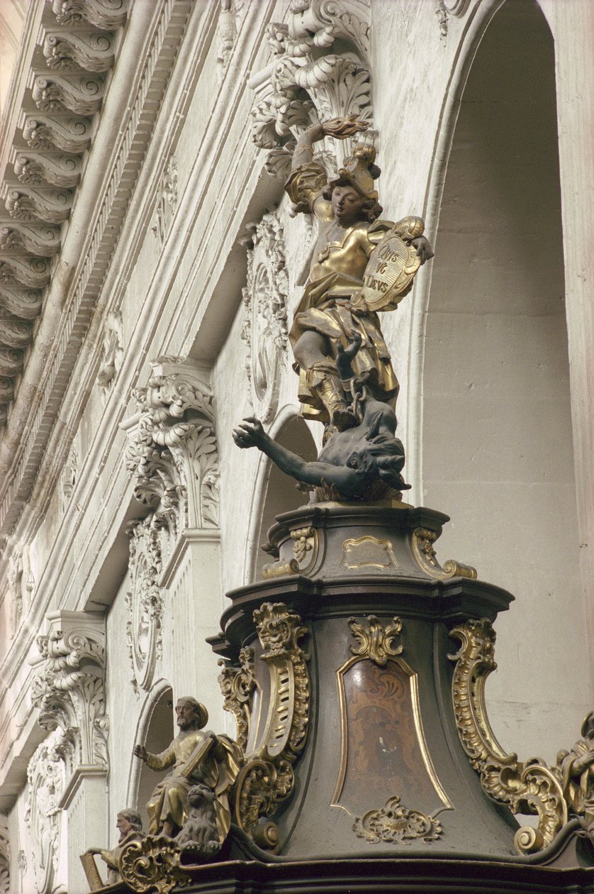 Szószék, más néven Igazság szószéke, részlet: Szent Mihály és a sárkány, 1749 (aranyozott, fa és intarzia) (lásd még: 252679 és 252681) alkotó: Bavarian school