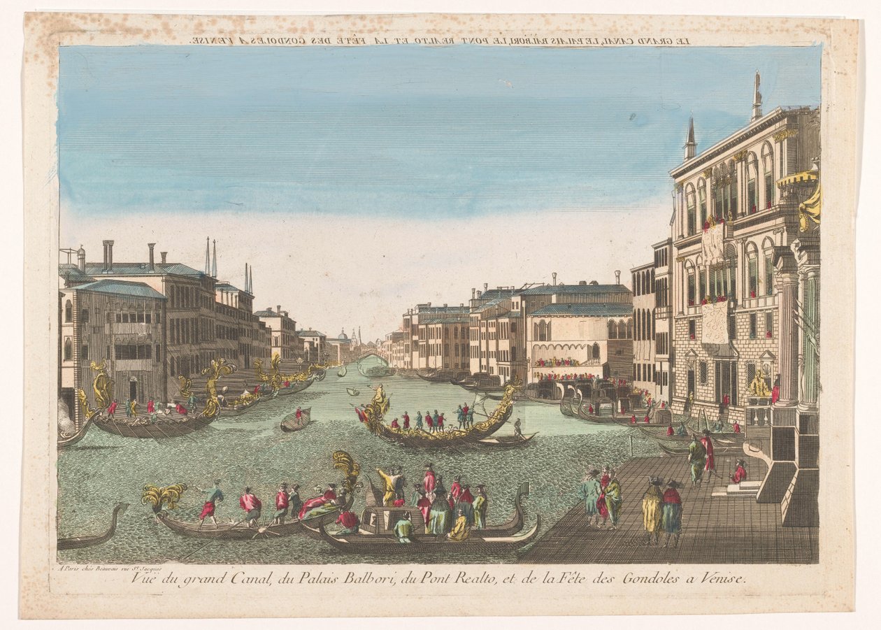 Gezicht op de Canal Grande met gondels, het Palazzo Balbori en de Ponte Rialto te Venetië A Canal Grande, a Balbori-palota, a Realto-híd és a gondolafesztivál Velencében (cím a tárgyon) alkotó: Beauvais
