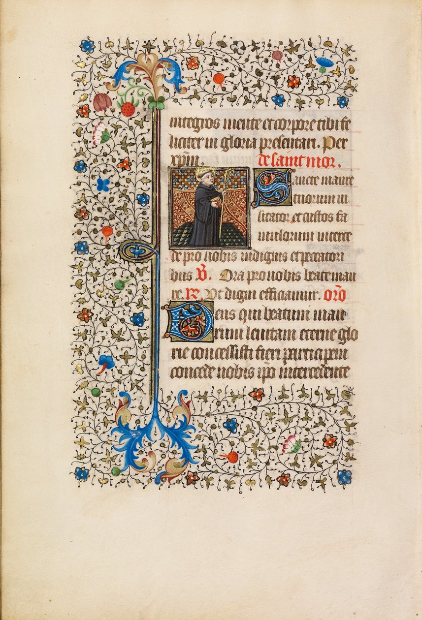 Maurus apát bottal és könyvvel, 1440-50 körül (tempera, aranylevél, festék és tinta pergamenen) alkotó: Bedford Master Workshop