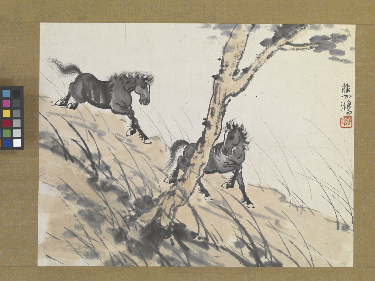 Két ló a domboldalon, 1900-as évek eleje (tus és szín, papír) alkotó: Beihong Xu