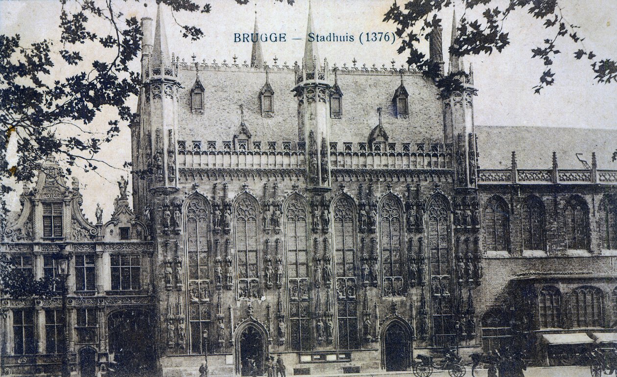 Képeslap, amely a Bruges-i Stadhuikat ábrázolja, 1912 körül alkotó: Belgian Photographer
