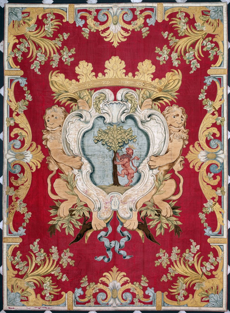 Nemesi címer, oroszlánnal és fával. A brüsszeli manufaktúrák gobelinje. 16. század Genezis, Musei di Strada Nuova alkotó: Belgian School