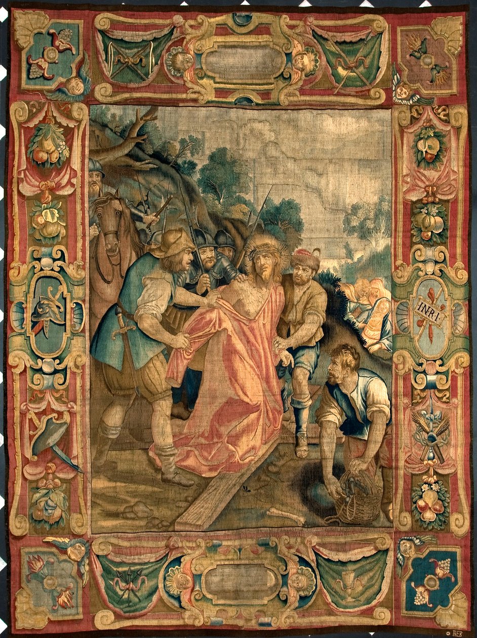 Krisztust megfosztják ruháitól. Brüsszeli gyárban készült kárpit. 16. századi gének, Musei di Strada Nuova alkotó: Belgian School
