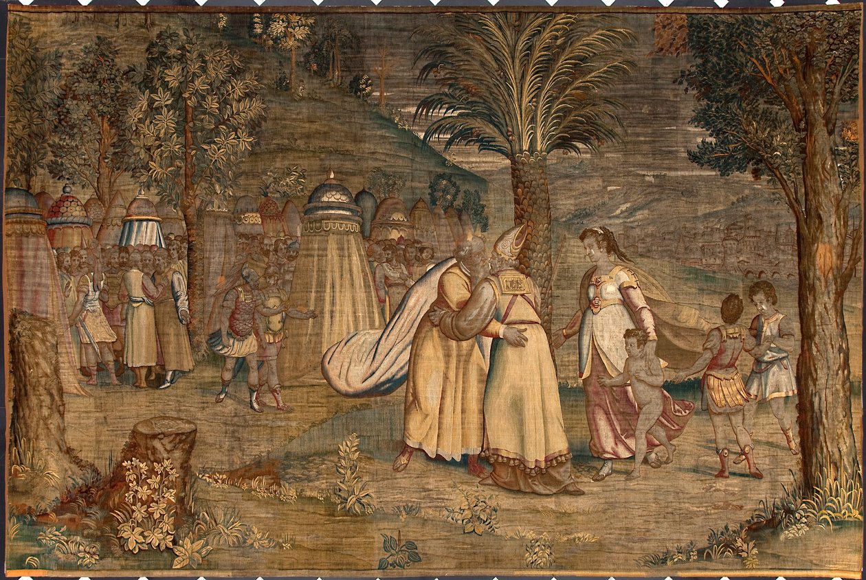 Jethro elkísérte lányát, Sephora és gyermekei találkoztak Moise gobelin Dionys Martensz által készített, Luca Cambiaso (1527-1584) kartonja után a brüsszeli manufaktúrák által készített faliszőnyeggel. alkotó: Belgian School