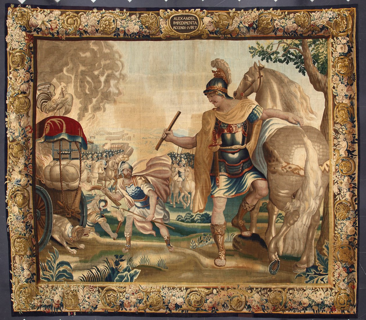 Nagy Sándor király (Kr. e. 356-323) indiai útja előtt minden felesleges poggyászt elégetett. Brüsszeli gyárban készült kárpit. 16. századi gének, Musei di Strada Nuova alkotó: Belgian School