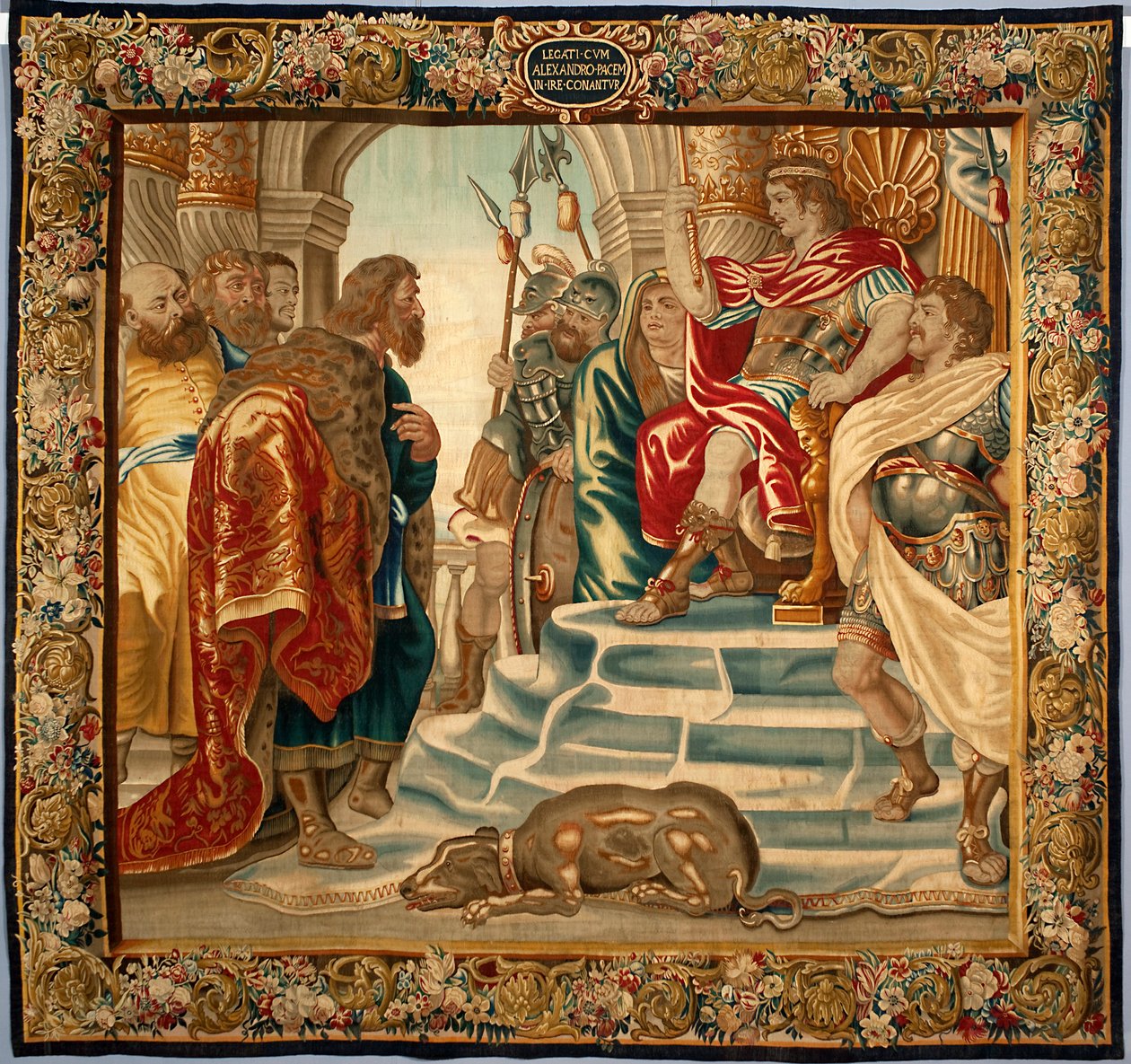 Nagy Sándor király Athénból küldöttséget fogadott. A brüsszeli manufaktúrában készült gobelin. XVI. század, Genezis, Musei di Strada Nuova alkotó: Belgian School