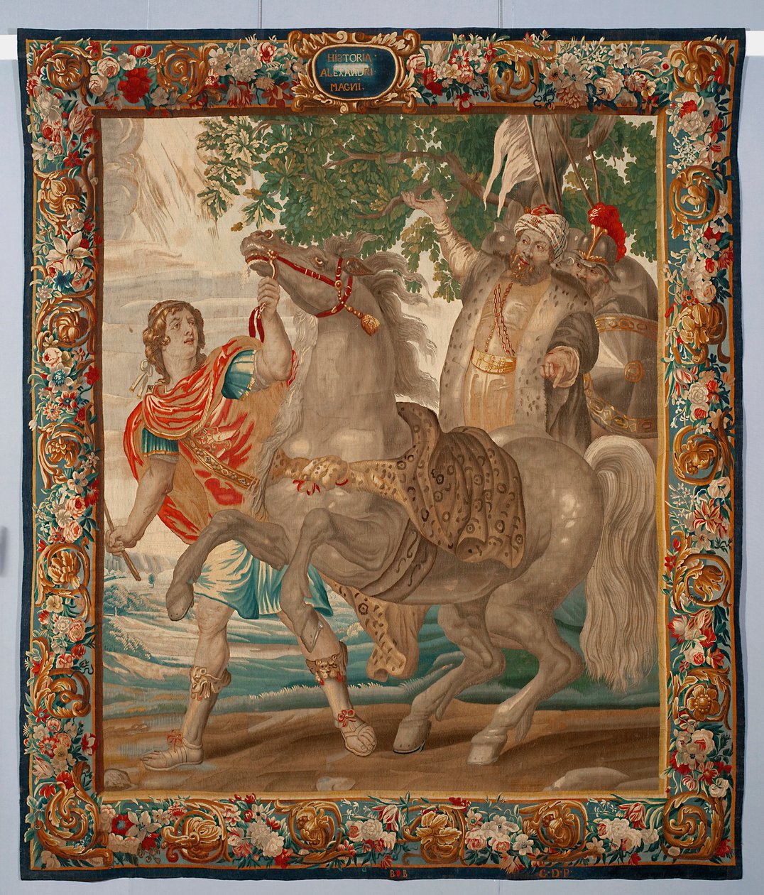 Nagy Sándor király megszelídíti Bucephale lovát. A brüsszeli manufaktúrában készült gobelin. 16. század Genezis, Musei di Strada Nuova alkotó: Belgian School