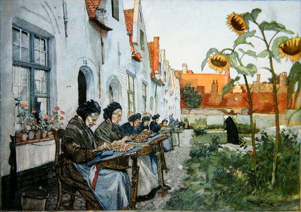 Csipkeverők egy bruges-i idősotthon kertjében alkotó: Belgian School