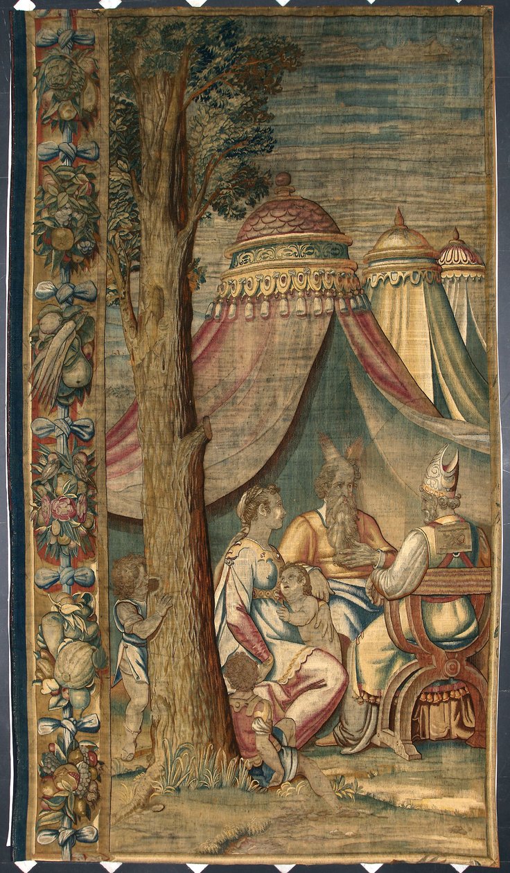 Moise Jethroval és Sephorával Dionys Martensz gobelinje Luca Cambiaso (1527-1584) 1561-1564 között a brüsszeli manufaktúrában készült kartonjai után Dim. 391x141,2 cm Genes, Musei di Strada Nuova alkotó: Belgian School