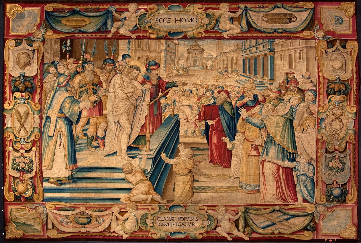 Krisztus szenvedése: Jézus jelen van a tömeg előtt. Brüsszeli gyárban készült kárpit. 16. századi gének, Musei di Strada Nuova alkotó: Belgian School