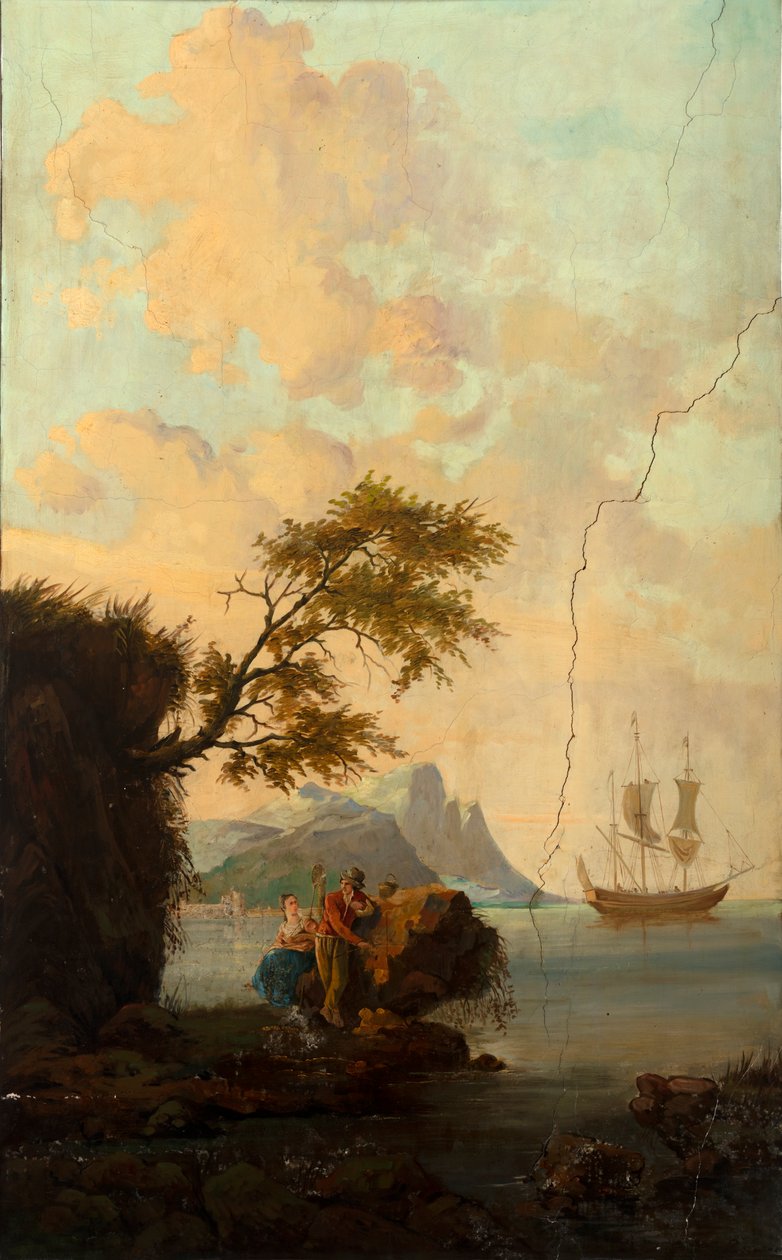 Hátul a második hátsó szoba, tárgyaló, falfestmények klasszikus stílusú vidéki jelenetekkel, valószínűleg 1810 körül, 5. jelenet alkotó: Belgian School