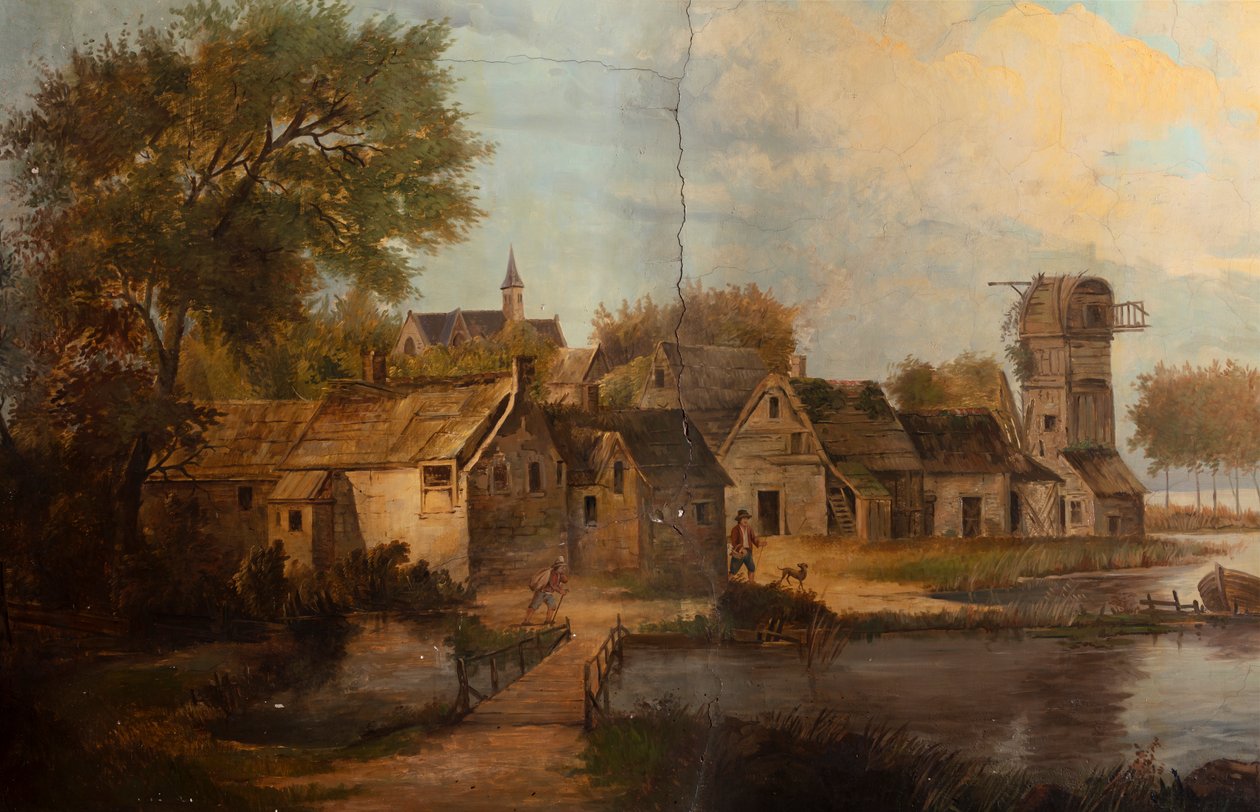 Hátul a második hátsó szoba, tárgyaló, falfestmények klasszikus stílusú vidéki jelenetekkel, valószínűleg 1810 körül, 3. jelenet alkotó: Belgian School