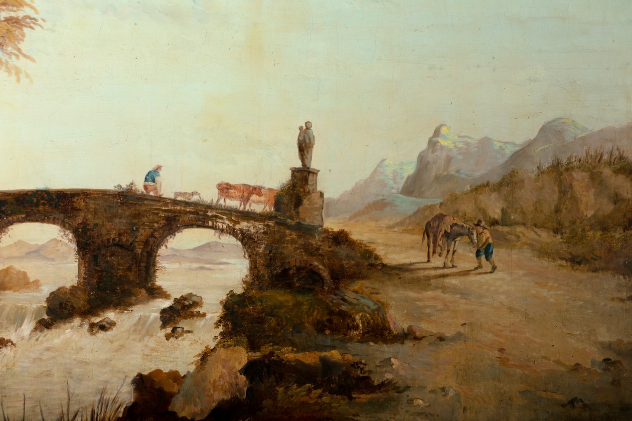 Hátul a második hátsó szoba, tárgyaló, falfestmények klasszikus stílusú vidéki jelenetekkel, valószínűleg 1810 körül, 1. jelenet alkotó: Belgian School